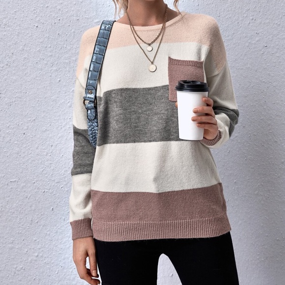 #48 Color block striped pocket long sleeve top mauve - Picture 5 of 6